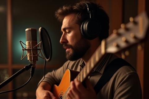 Musicien enregistrant de la guitare en studio