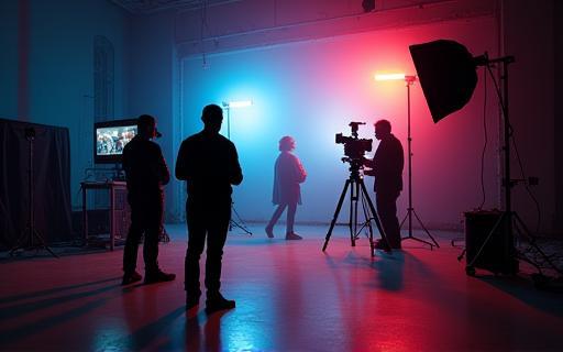 Équipe de production vidéo filmant sur un plateau